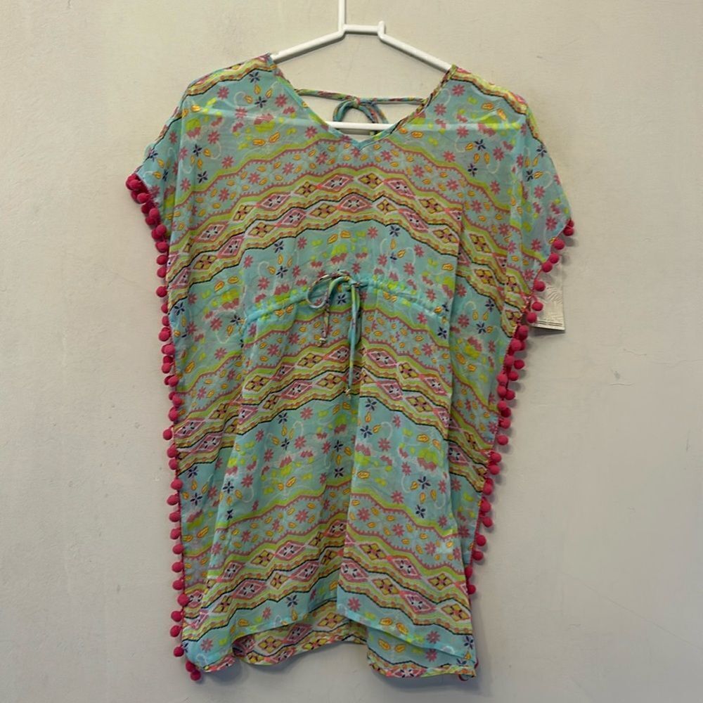 Miken sheer multicolored hot pink pom pom swim cover up Size S New